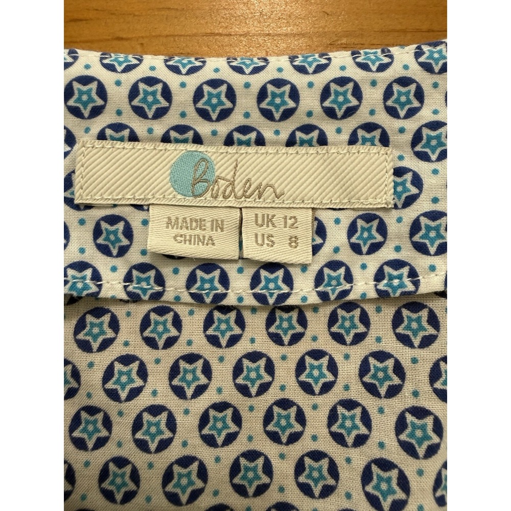 Boden Cora Star Print Peasant Blouse Size 8 Blue 100% Cotton Boho Top No String - Picture 4 of 8
